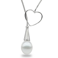 Silver heart pearl pendant necklace on white background