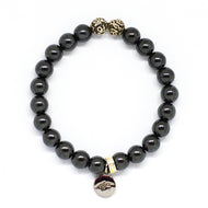 Hematite Stone Silver Bead Bracelet 8mm with 925 sterling silver beads and signature charm on white background