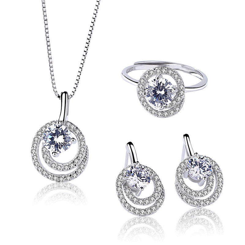 Hollow Round Solitaire Zircon Silver Necklace Set