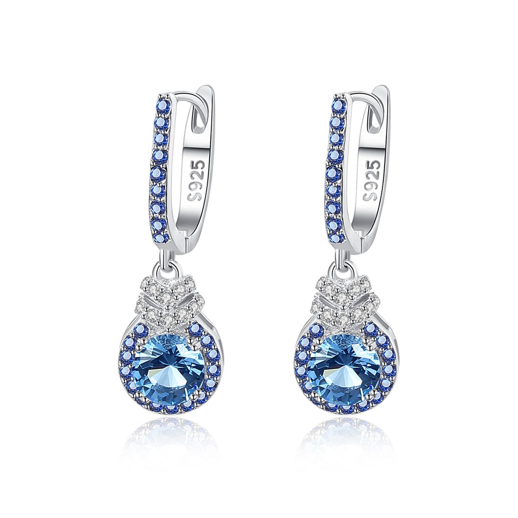 Sapphire Blue Dangling Hoop Silver Earrings