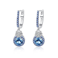 Sapphire Blue dangling hoop silver earrings with sparkling blue stones