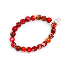 Load image into Gallery viewer, Hued Red Jasper Flat Silver Bead Bracelet 8MM handcrafted with natural red jasper gemstone beads and a premium flat silver bead by MysticFlavia.
