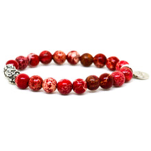 Load image into Gallery viewer, Side view of Hued Red Jasper Stone Silver Bead Bracelet 8MM featuring natural red jasper beads and silver bead accents | Mystic Flavia
