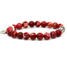 Load image into Gallery viewer, Angled view of Hued Red Jasper Stone Silver Bead Bracelet 8MM showcasing smooth red jasper gemstone beads and silver detailing | Mystic Flavia
