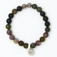 Indian Agate Stone Silver Bead Bracelet 8MM front view with polished natural gemstone beads and sterling silver decorative beads by MysticFlavia