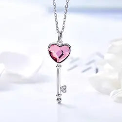 Pink Swarovski Crystal Key Pendant Silver Necklace