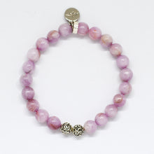 Load image into Gallery viewer, Kunzite bracelet showing 925 sterling silver charm above carved silver spacer beads

