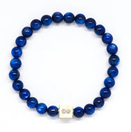 Blue Kyanite Infinity Silver Bracelet 6mm with polished natural gemstone beads and silver infinity charm on a white background.