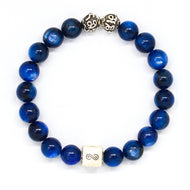 Blue Kyanite infinity round silver bracelet 8mm with natural blue beads and infinity silver bead on a white background