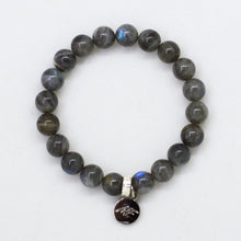 Load image into Gallery viewer, Labradorite Flat Silver Bead Bracelet 8mm with natural labradorite gemstone beads and 925 sterling silver flat bead by Mystic Flavia on a white background.

