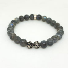Load image into Gallery viewer, Angled product view of Labradorite Stone Silver Bead Bracelet 8MM with decorative silver spacer beads and natural labradorite gemstones
