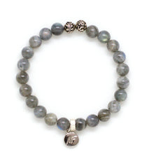 Load image into Gallery viewer, Labradorite Stone Silver Bead Bracelet 8MM with engraved silver charm and decorative silver spacer beads by MysticFlavia
