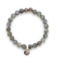 Labradorite Stone Silver Bead Bracelet 8MM with engraved silver charm and decorative silver spacer beads by MysticFlavia