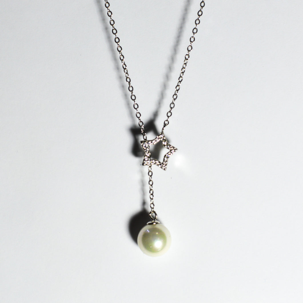 Star au Pearl Zircon Pendant Lariat Silver Necklace