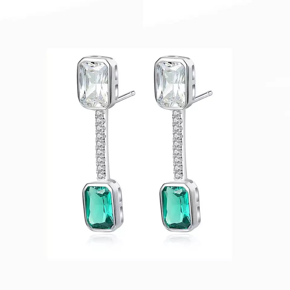 Emerald Gemstone Long Stud Silver Earrings