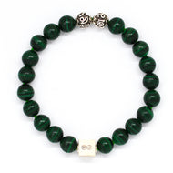 MysticFlavia malachite bracelet 8mm flat view with two engraved silver accent beads at top and white square infinity bead at bottom