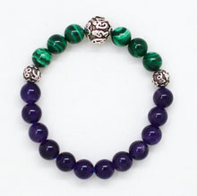 Load image into Gallery viewer, Malachite and Amethyst bracelet with round beads and three carved silver spacer beads, MysticFlavia
