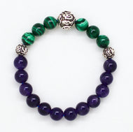 Malachite and Amethyst bracelet with round beads and three carved silver spacer beads, MysticFlavia