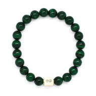 MysticFlavia malachite bracelet 8mm flat view with white square infinity silver bead at bottom on white background