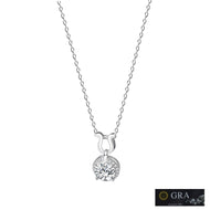 Moissanite flower halo pendant necklace in silver, GRA certified, front view on white background.