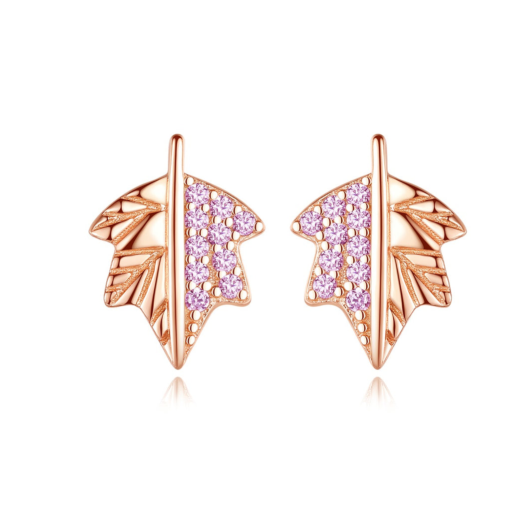Mini Maple Rose Gold Zircon Stud Silver Earrings