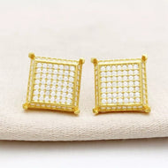 Moissanite square iced-out stud earrings in gold tone, front view with pave-set stones on white cloth.