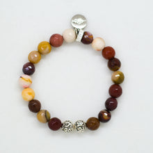 Load image into Gallery viewer, Mookaite Jasper Faceted Stone Silver Bead Bracelet 8MM back view showing natural faceted mookaite gemstone beads, silver charm and 925 sterling silver spacer beads | MysticFlavia
