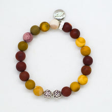 Load image into Gallery viewer, Mookaite Jasper Matte Silver Bead Bracelet 8MM back view showing matte mookaite gemstone beads, silver charm and 925 sterling silver spacer beads | MysticFlavia
