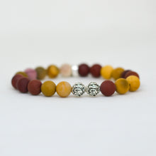 Load image into Gallery viewer, Mookaite Jasper Matte Silver Bead Bracelet 8MM low-angle close-up highlighting matte mookaite gemstone beads and 925 sterling silver spacer beads | MysticFlavia
