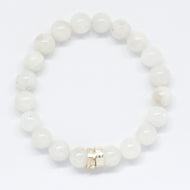 MysticFlavia moonstone bracelet with translucent white beads and double flat silver bead detail, white background
