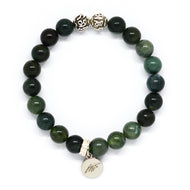 Moss Agate bracelet with round beads, carved silver spacers, and 925 sterling silver MF charm, MysticFlavia
