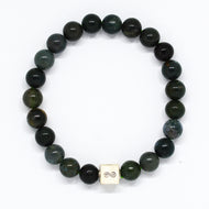 Moss Agate infinity bracelet with round beads and engraved silver charm, MysticFlavia jewellery
