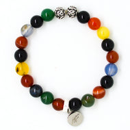 Multi Colour Agate Stone Silver Bead Bracelet 8mm front view with 925 sterling silver Om beads by Mystic Flavia