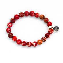 Load image into Gallery viewer, Natural Hued Red Jasper Flat Silver Bead Bracelet 8MM by MysticFlavia with polished gemstone beads and a flat silver bead design.
