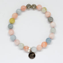Load image into Gallery viewer, Natural Morganite Stone Silver Bead Bracelet 8mm with decorative silver beads and Mystic Flavia charm on a white background.
