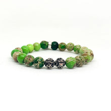 Load image into Gallery viewer, Front View of Natural Olive Green Jasper Stone Bracelet 8MM with 925 Sterling Silver Round Beads by MysticFlavia
