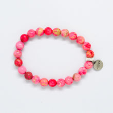 Load image into Gallery viewer, Natural Pink Jasper Stone Flat Silver Bead Bracelet 8MM showcasing vibrant pink gemstone beads and a durable stretch design with a silver charm.

