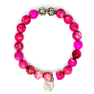 Natural Pink Jasper Stone Silver Bead Bracelet 8MM featuring vibrant round pink jasper beads, decorative silver beads, and a MysticFlavia silver charm on a clean white background.