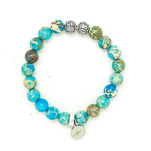 Load image into Gallery viewer, Natural Turquoise Jasper Stone Silver Bead Bracelet 8MM with polished round gemstone beads and engraved silver beads by MysticFlavia
