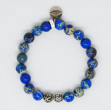 Load image into Gallery viewer, Navy Jasper Stone Silver Bead Bracelet 8MM featuring genuine navy jasper stone beads with sterling silver bead details by Mystic Flavia
