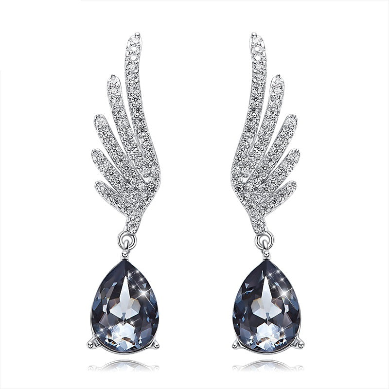 Black Angel Swarovski Crystal  Dangling Silver Earrings