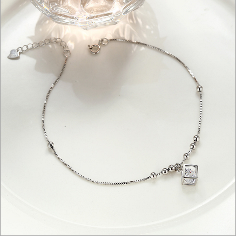 Circular Bead Single Box Zircon Silver Anklet
