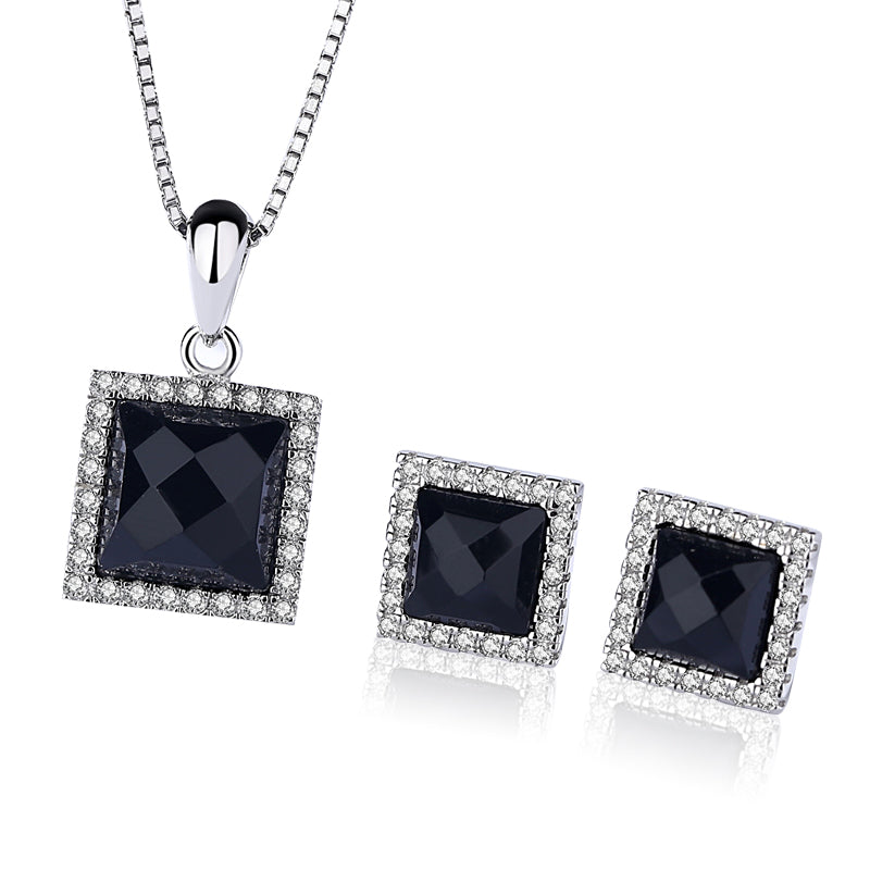 Square Black Agate White Zircon Silver Necklace Set