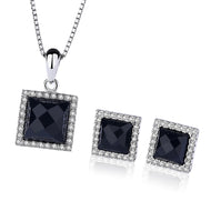 Square Black Agate White Zircon Silver Necklace Set