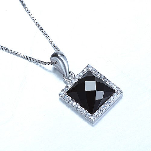 Square Black Agate White Zircon Silver Necklace