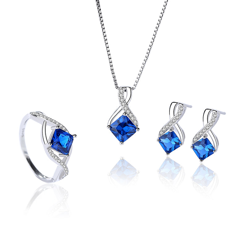 Square Sapphire Blue Zircon Silver Necklace Set