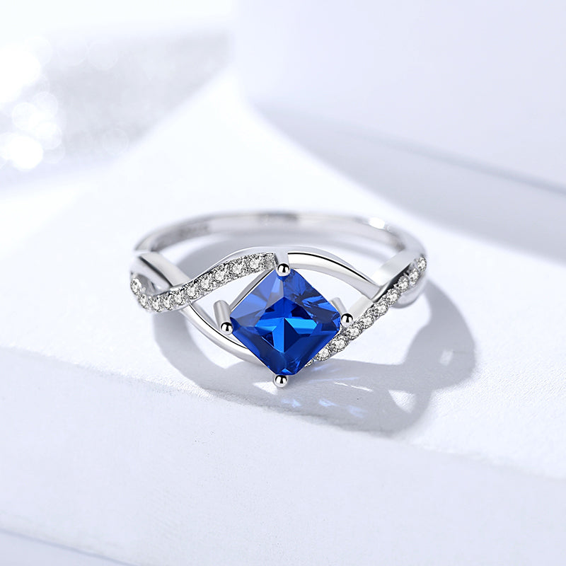 Square Sapphire Blue White Zircon Silver Ring