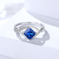 Square Sapphire Blue White Zircon Silver Ring
