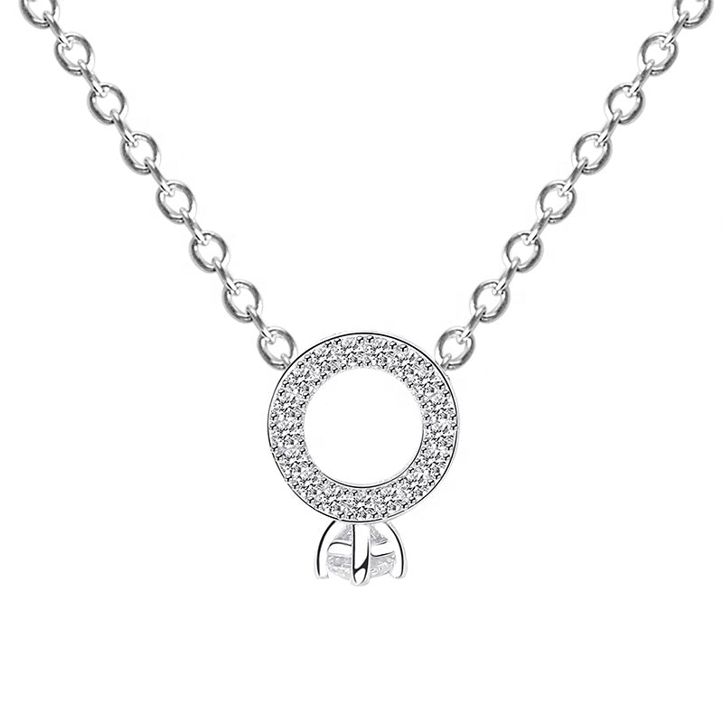 White Zircon Circle Pendant Silver Necklace