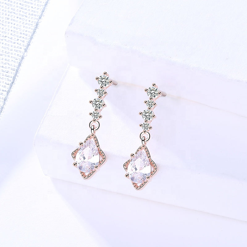 Rose Gold Oval White Zircon Geometrical Silver Earrings